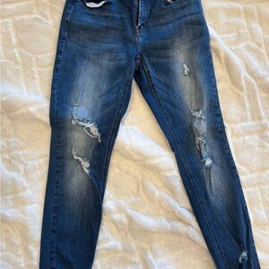 Trendy Distressed Boyfriend Jeans in Deep Blue